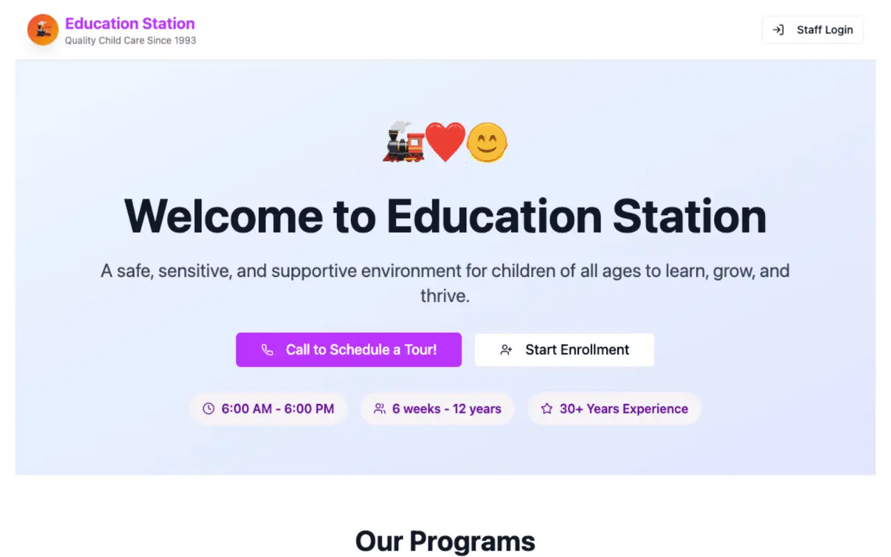 Education Station Daycare website screenshot